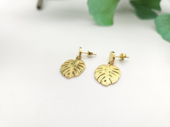 Preview: Monstera Ohrhänger mit Stecker Edelstahl